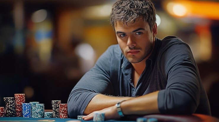 Dealer profesional menampilkan kartu di studio live Caribbean Stud Poker flexi88